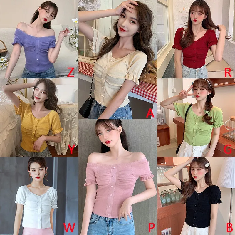 

New Women's Pleated Solid Color T-shirt Sexy Slim Wild Button Crop Tops Fashion Casual Knitted Short Sleeve T Shirt