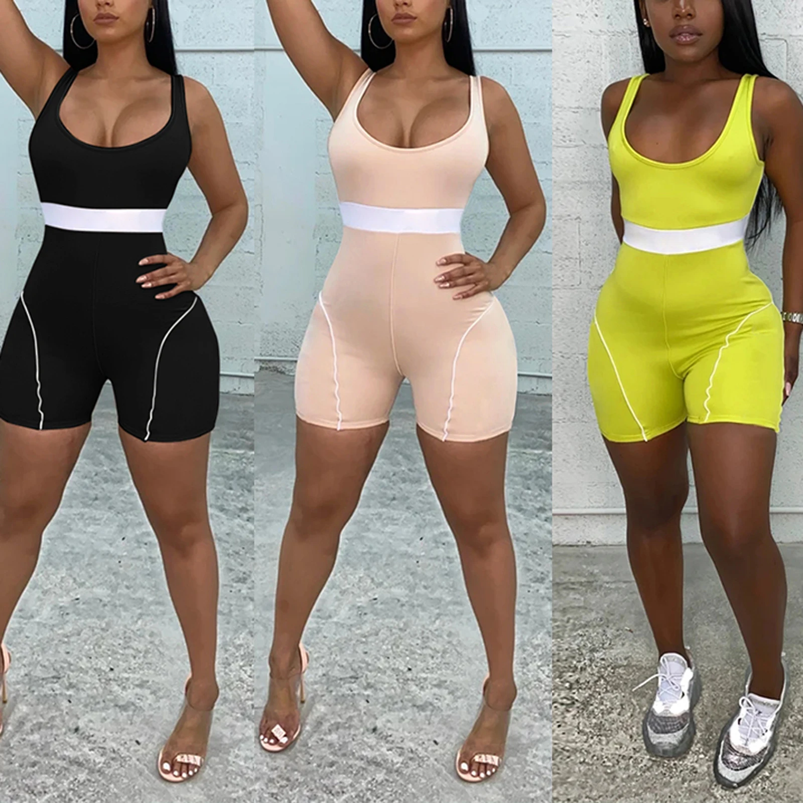 

Women Casual Close-fitting Playsuit, Sleeveless U-shaped Collar Sexy One-piece Black/ Pink/ Florescent Green 2021 New Arrival