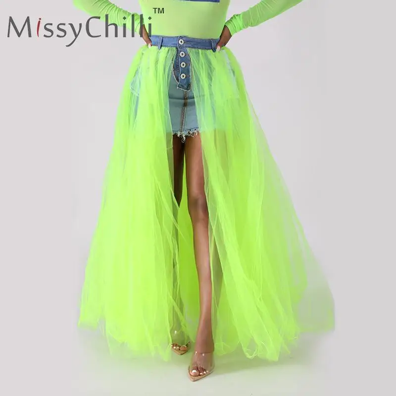 MissyChilli сетчатые Лоскутные юбки джинсовые с разрезом сексуальные летние пуговицы белая юбка с высокой талией женская уличная неоновая джинсовая юбка на пуговицах