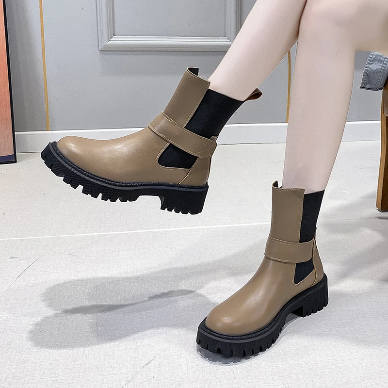 

Ботильоны женские на платформе, полусапожки Челси на липучке, Уличная обувь для отдыха, короткие сапоги с круглым носком, черные, хаки