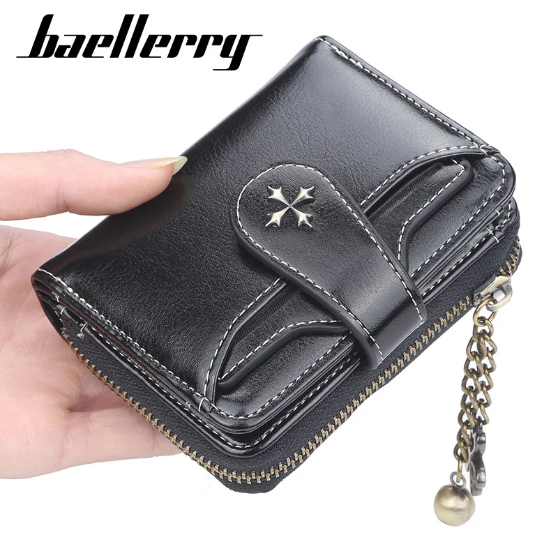 

baellerry Women Short Slim wallet Oil wax leather Purse Fashion Fastener Zipper Driver's License Card holder luxury money bag