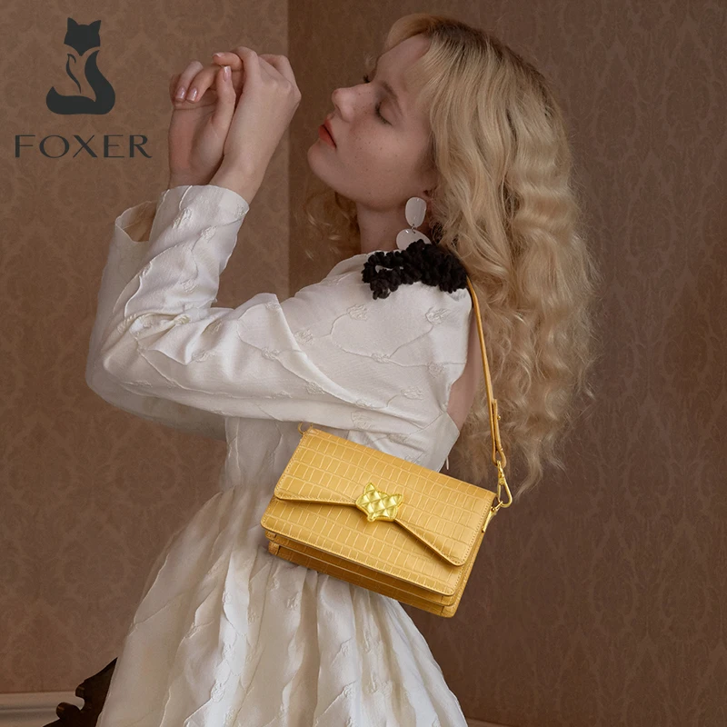 

FOXER Summer Crocodile Pattern Leather Crossbody Bag Woman Fashion All-Match V-Shaped Flap Shoulder Bag Girl Underarm Square Bag