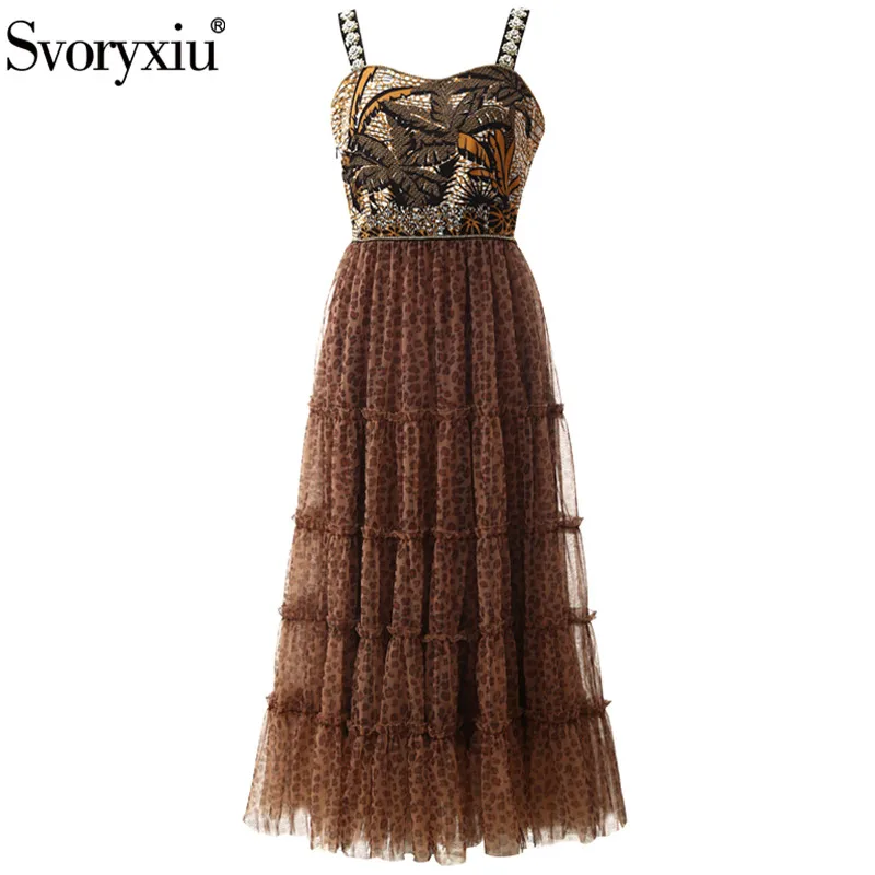 Женское длинное платье Svoryxiu разноцветное Тюлевое на тонких бретельках расшитое