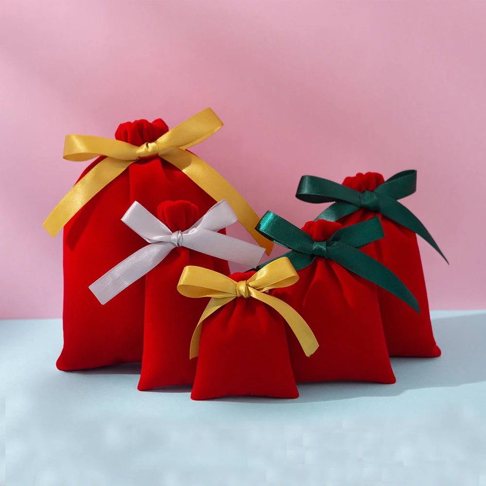 

100pcs Red Velvet Pouches Small Bag Jewelry Wedding Gift Cosmetic Packaging Drawstring Bags Personalized Customized Logo Print