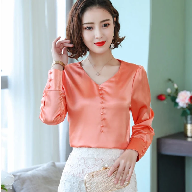 

New Women Shirt V-neck Long Sleeve Silk Shirt vintage Button Office Ladies Satin Shirt Women Blouse tops Clothes Plus Size