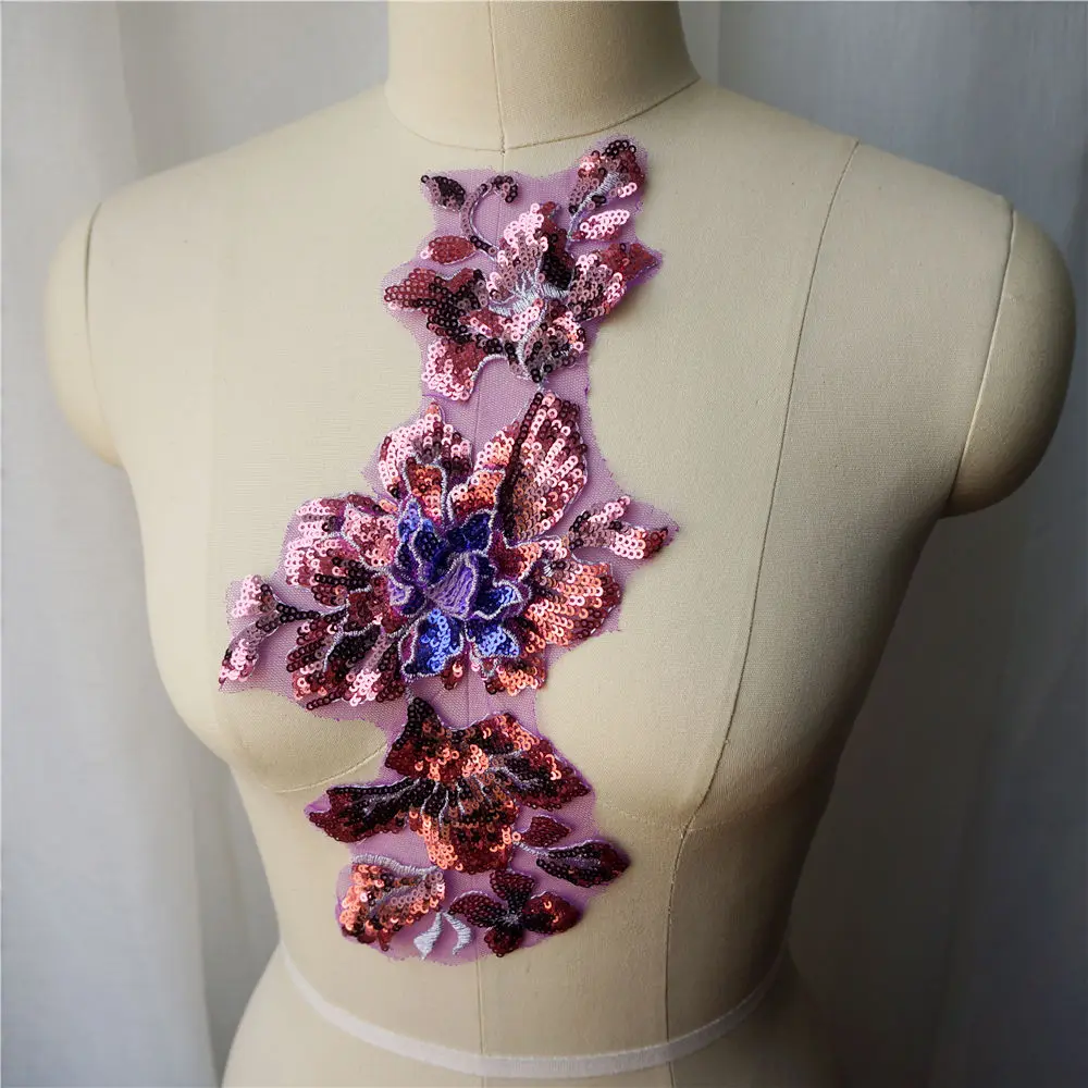 Фиолетовые блестки цветок кружевная ткань воротник вышитая аппликация для