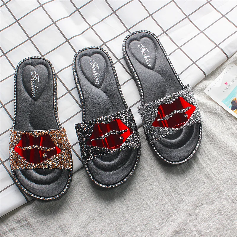 

Slippers female summer new red lips rhinestone trend single shoes fashion outdoor wear-resistant non-slip ladies casual slippers