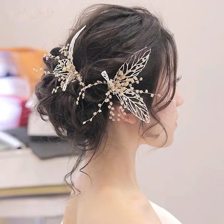 Корейская жемчужная заколка золотые аксессуары листик свадебные для волос