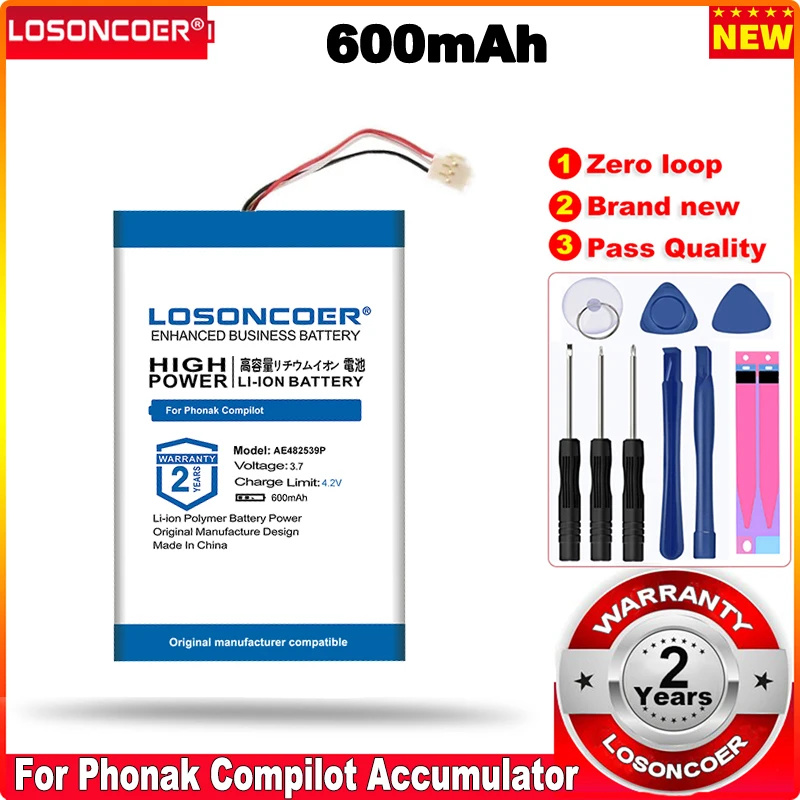 LOSONCOER 0 цикла 100% Новый 600 мА/ч AE482539P Батарея для Phonak он аккумулятор 3 Отсоединяемый