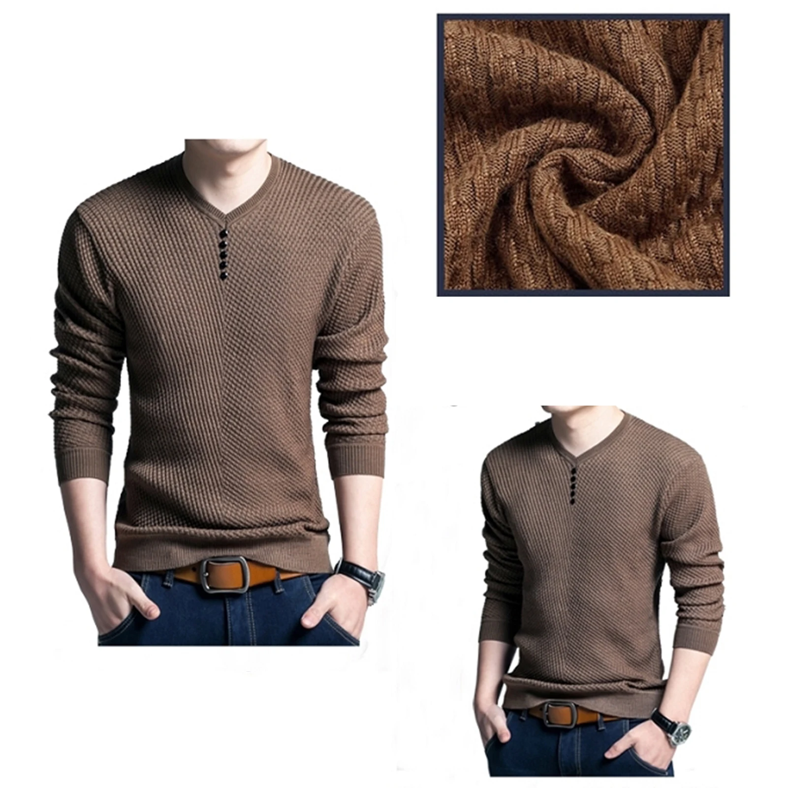 

Casual Men Autumn Long Sleeve V Neck Solid Color Buttons Pullover Blouse Top