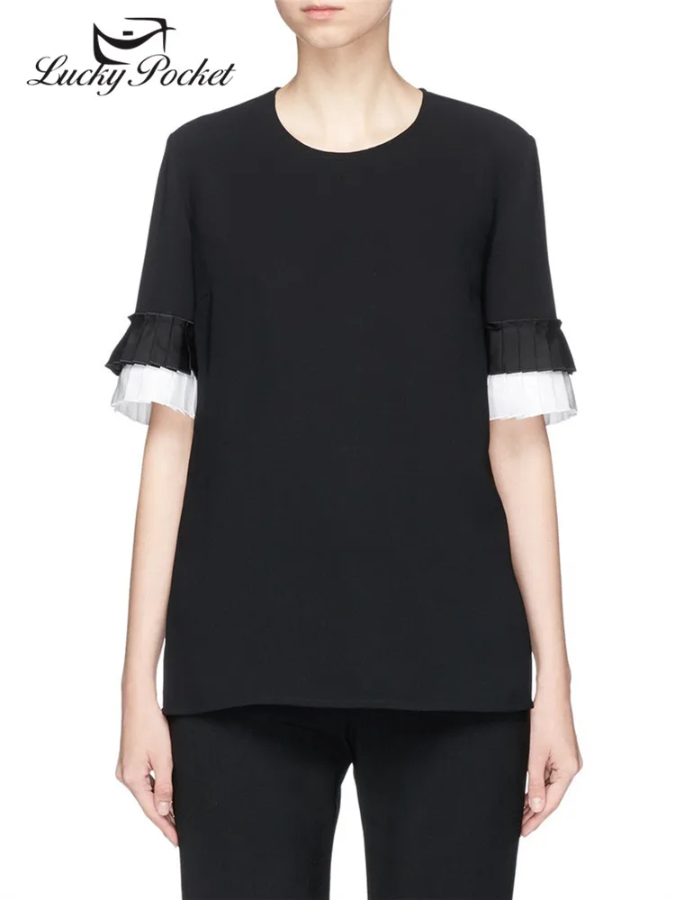 

Women Summer O-Neck Cotton Patchwork Pleated Sleeve T-Shirt Female Solid Color Plus Size Tees Ladies Brand Casual Tops ZM155