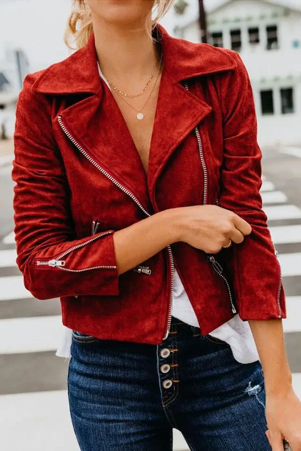 

Женская замшевая короткая куртка из искусственной кожи, мотоциклетная куртка на молнии, Женская Весенняя мода 2021, байкерские куртки