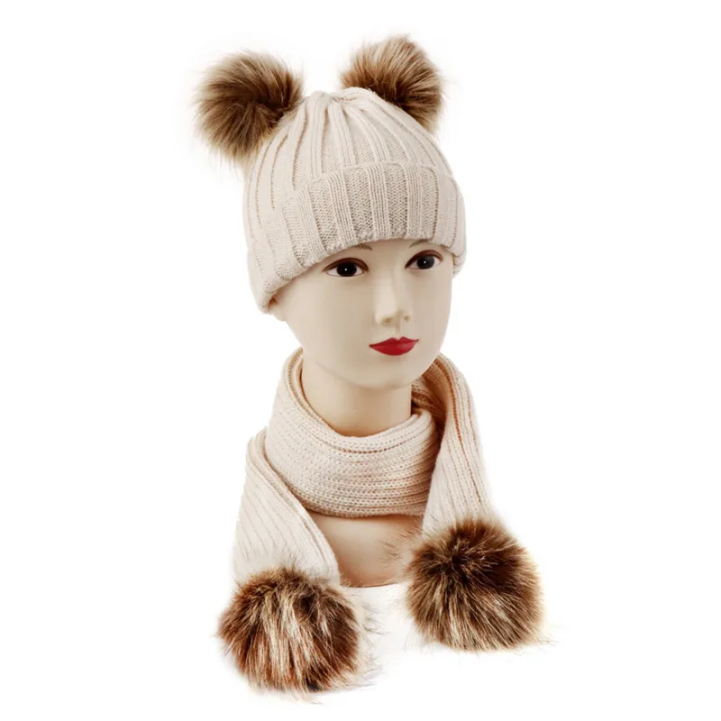 

2Pcs/Pack Baby Warm Hat Set Boys Girls Cute Caps Kids Pure Color Scarf Two Plush Balls Children Beanies Winter Accessories