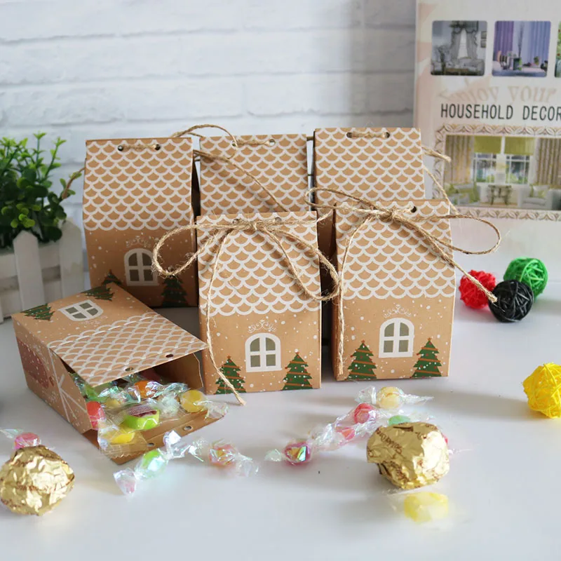 

Рождественский домик, Рождественская Подарочная коробка, Подарочный пакет из крафт-бумаги для конфет, бумажный пакет, коробка для конфет и ...