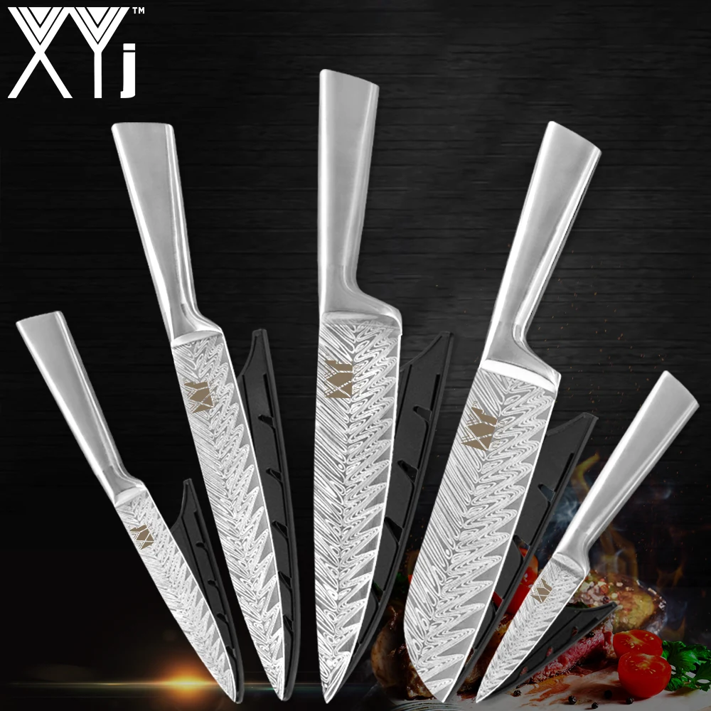 Нож xyj набор из сатиновой стали ножи для шеф повара лазерный дамасский стальной