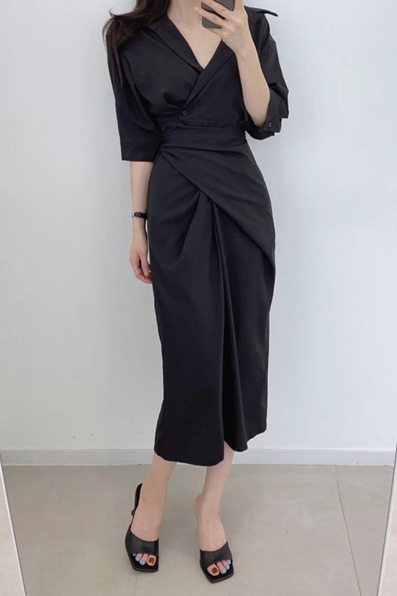 

2021 Summer Fashion Elegant Lapel Long Dress for Women Slimming High Waist Korean Dress Office Lady A Line Plus Size Dress