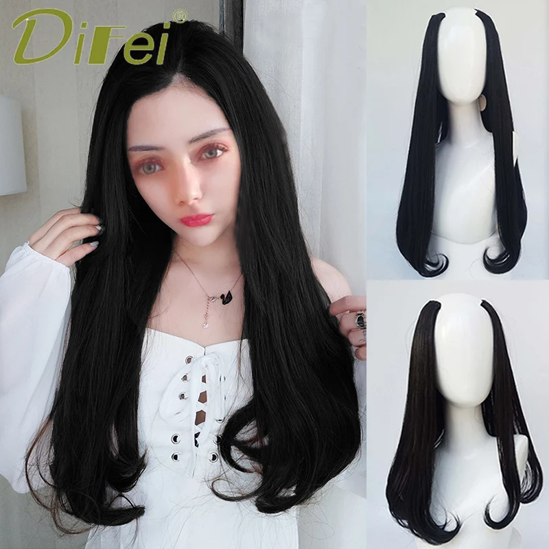 DIFEI 45-60CM Natural Synthetic U-shaped Inner Buckle Headgear Wig Clip In Female Hair Daily Wear Heat-resistant Wig
