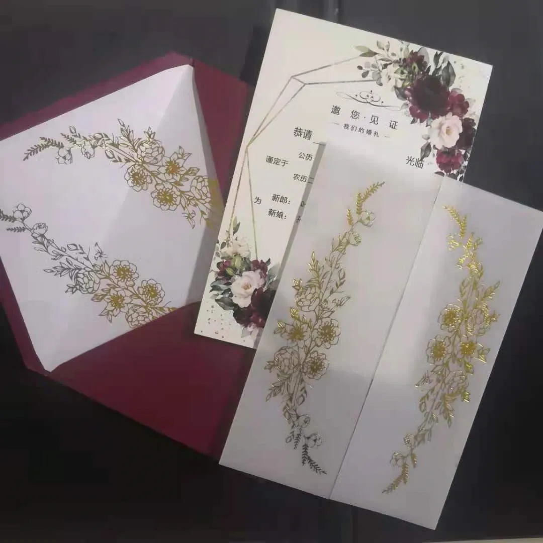 

Burgundy Invitation Card with Gold Foil Flower Envelope and Translucent Vellum Jacket for Wedding Bridal Shower Rehearsal