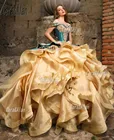 Мексиканское Золотое Платье Quinceanera с аппликацией из бисера с открытыми плечами Charro Vestidos De 15 лет органза оборки милые платья 16