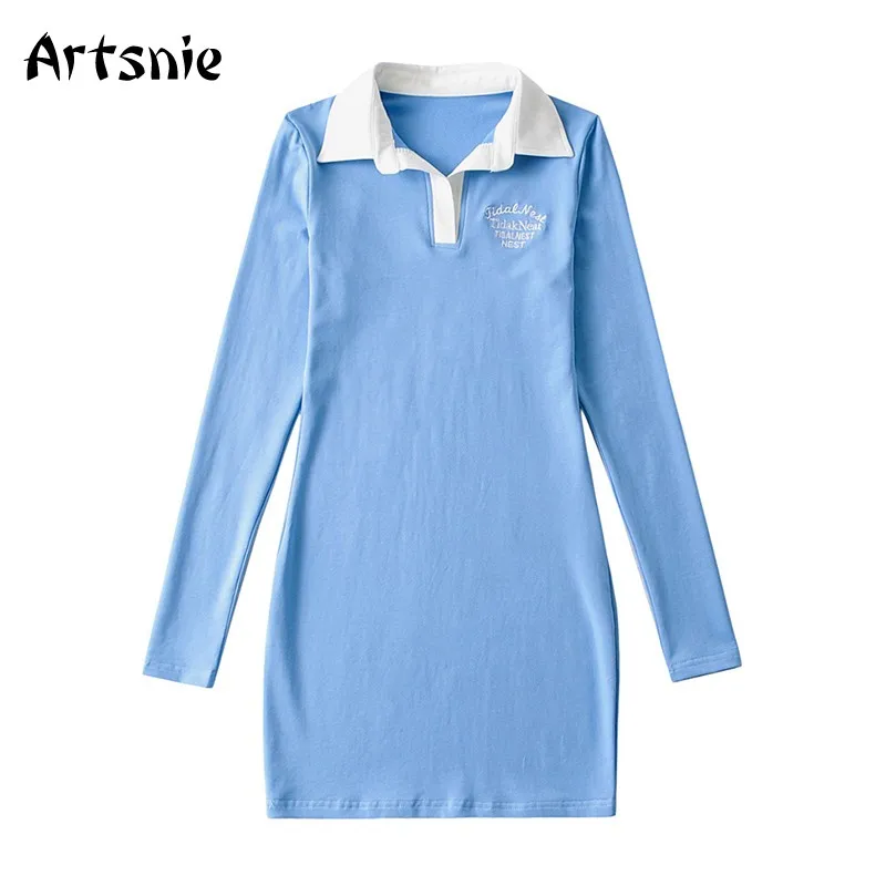 

Artsnie High Waist Mini Dress Women Autumn 2021 Turn Down Collar Letter Embroidery Blue Casual Ladies Sheath Dresses Vestidos