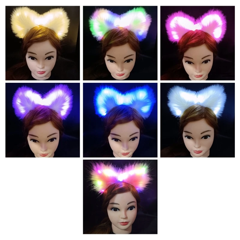 

L5YA Glowing Headband Plush Kitten Ears Hair Hoop Luminous Light Up Photo Props
