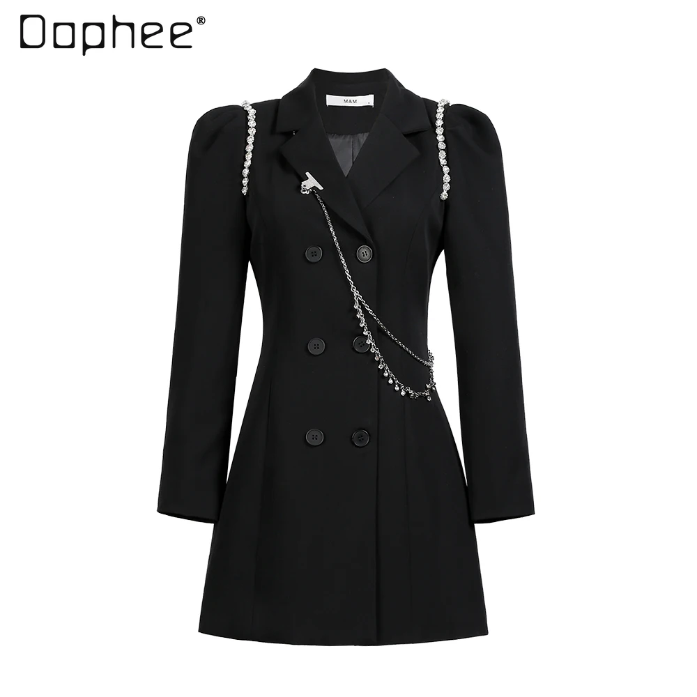 

Black Diamond Suit Dress Jacket Women Fashion Slim Waist Double Breasted Ladies Autumn Winter Business Mid-length Dresses 2021