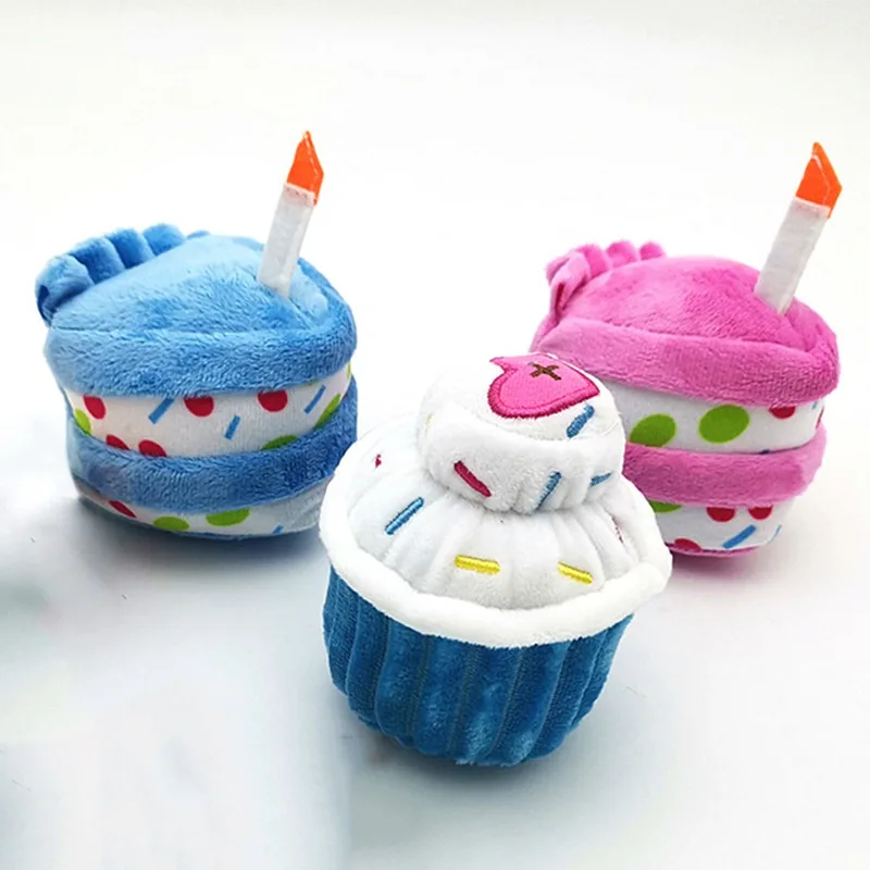 

Pet Dog Chew Toy Plush Birthday Cake Squeaky Toys Playing Interactive Bite Resistant Cupcake Cats Dogs Toys