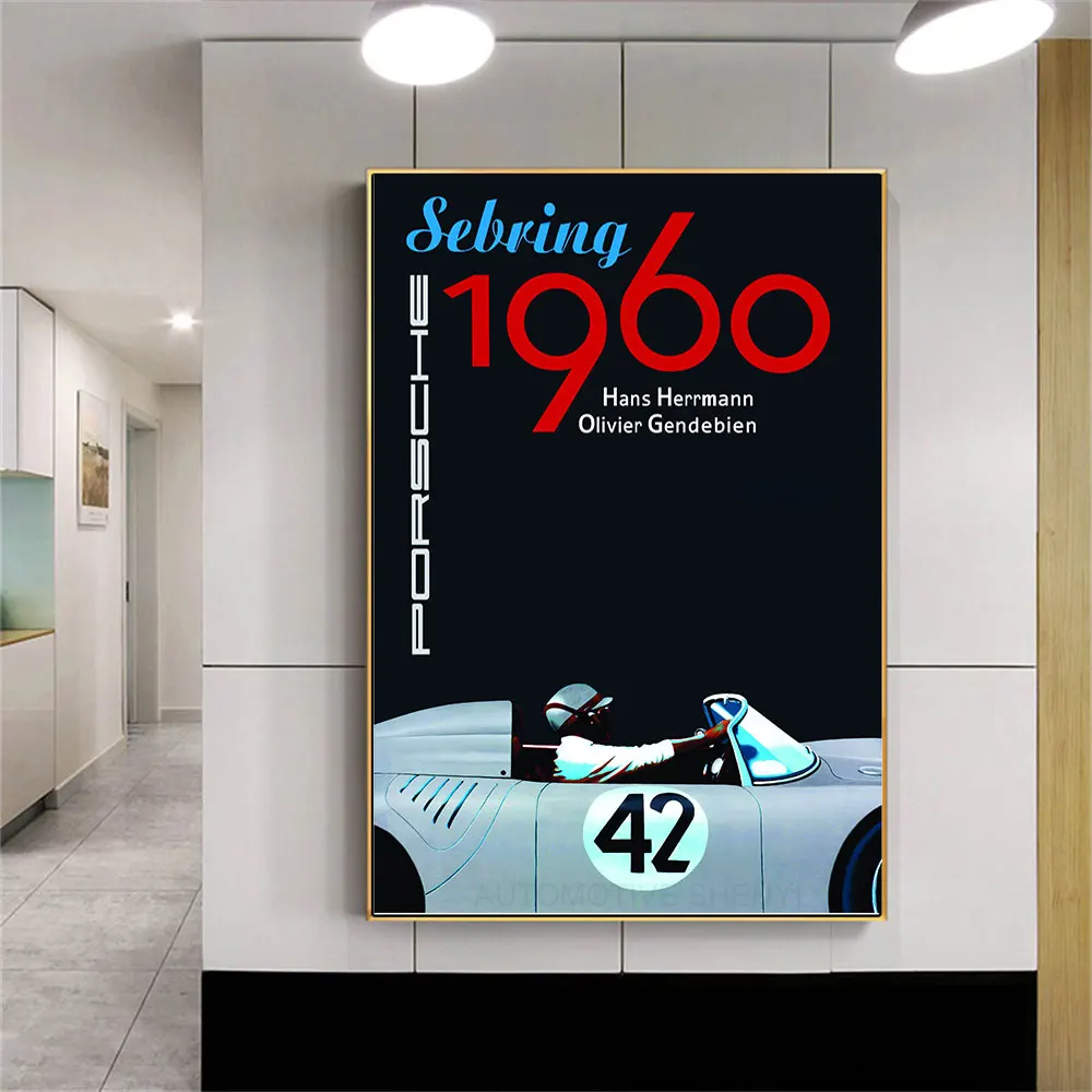 

Sebring 1960 Hans Herrmann And Olivire Race Car Vintage Poster Print On Canvas Painting Home Decor Wall Picture For Living Room