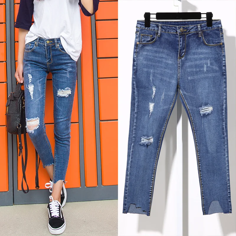 Женские рваные джинсы с завышенной талией тонкие облегающие джинсы-карандаш