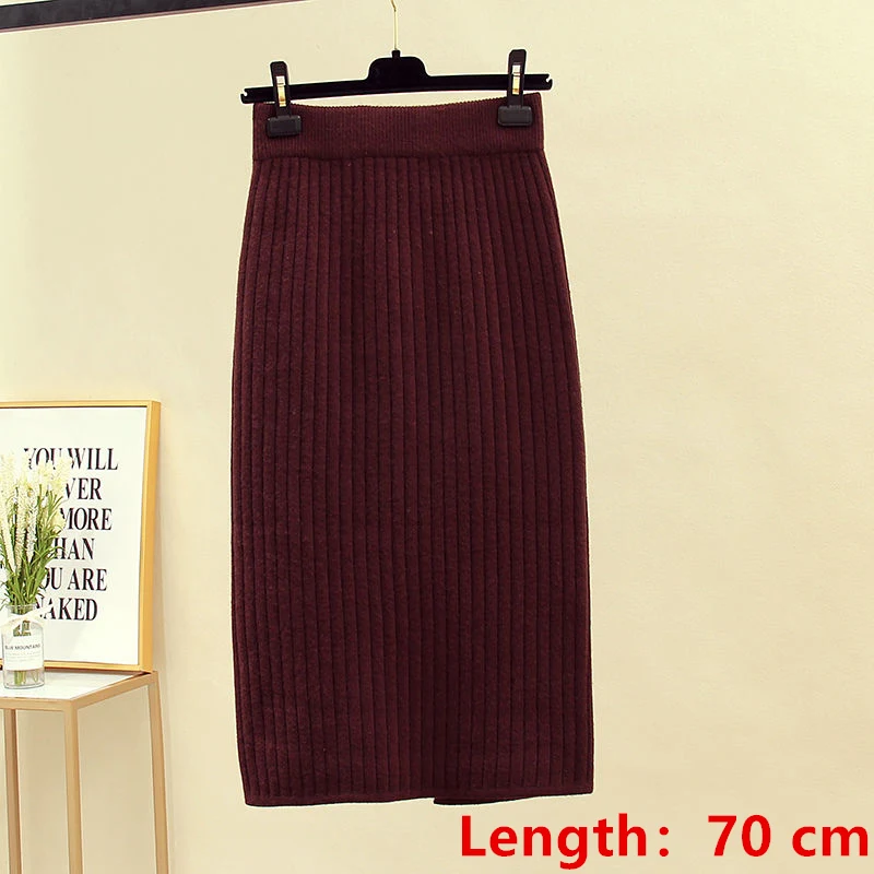 coffee-length 70cm 60-70 см эластичные женские юбки осень зима теплая трикотажная прямая юбка ребристая юбка средней длины черная - Цвет: coffee-length 70cm