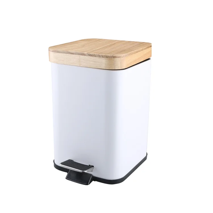 

Double Layer Banboo Lid Trash Bin Metal Dustbin Can Pedal Waste Bin Home Office Trash Can Garbage Bin Storage Bucket