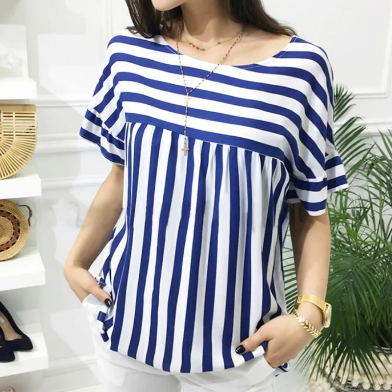 2019 Летняя Повседневная полосатая Лоскутная футболка с круглым вырезом и