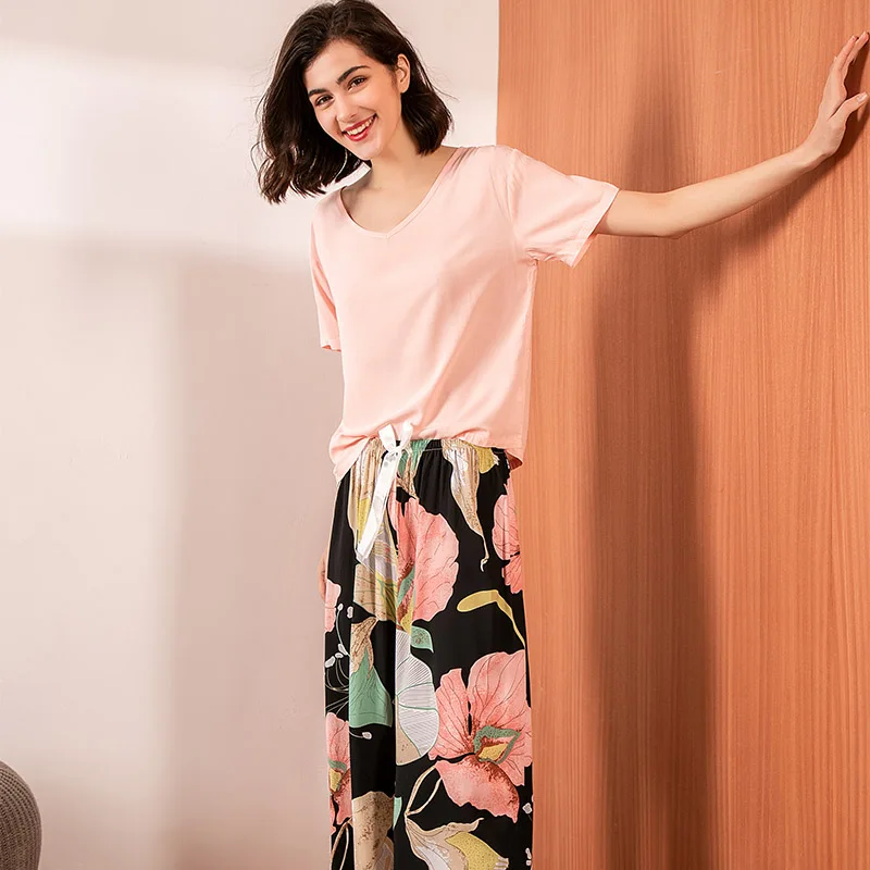 Пижама женская атласная с круглым вырезом простой стильный комплект из хлопка