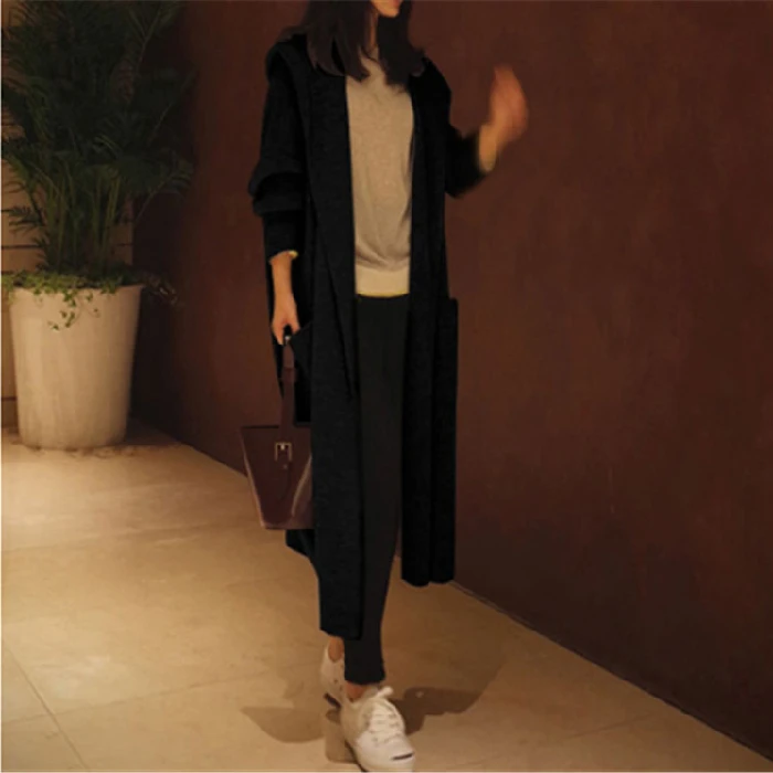 Женский трикотажный кардиган Длинный свободный свитер с капюшоном язычком в