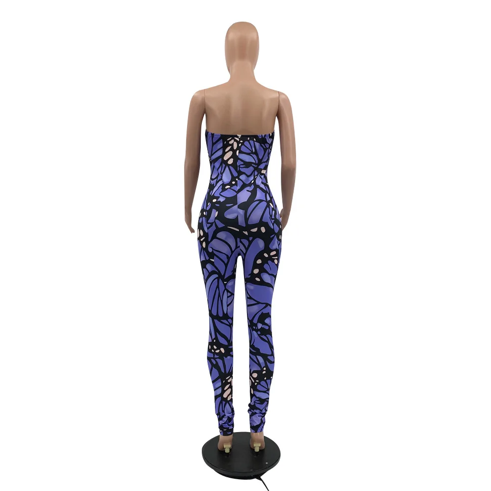 2021 Butterfly Print Strapless Jumpsuit for Women New Sexy Sleeveless Backless Slim Romper One Piece Overall Night Clubwear