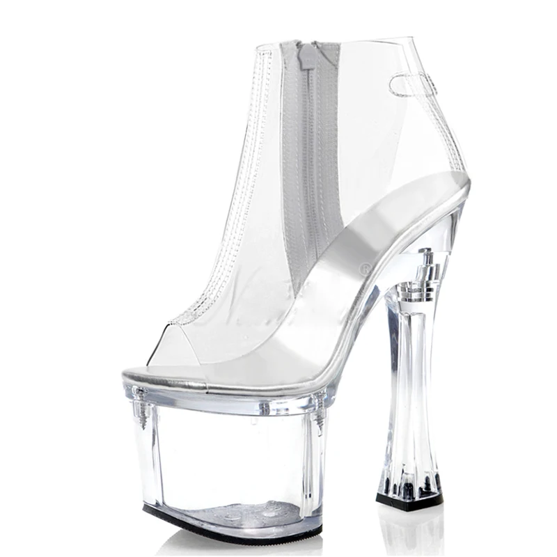 

New Autumn Zip Round Toe Platform Women's Boots 18cm Square High Heels Heels Pole Dance Shoes Nightclub Show Ankle Boots