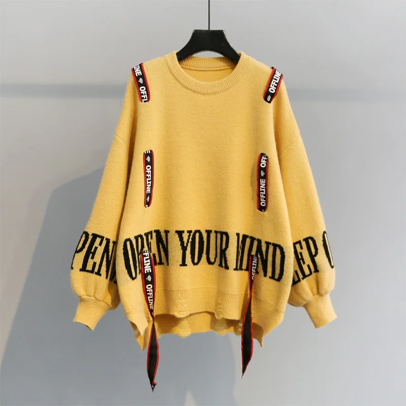 Vangull Knitted Women Sweater 2020 new Winter Fashion Letter Printed Ribbon Loose Irregular long sleeve Pullovers | Женская одежда