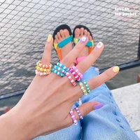 new fashion colorful resin acrylic handmade beaded geometric round flexible rings for women girl boho beach summer jewelry party