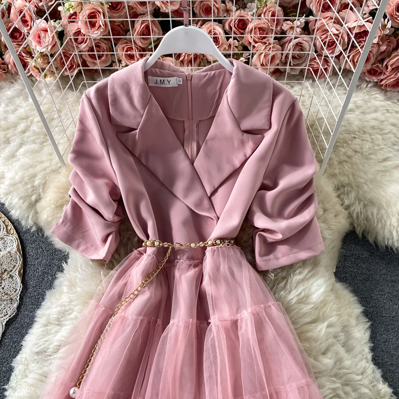 

Ladies fake two pieces of net yarn fight reception waist suit collar dress high waist temperament puffy cake A-line skirt summer