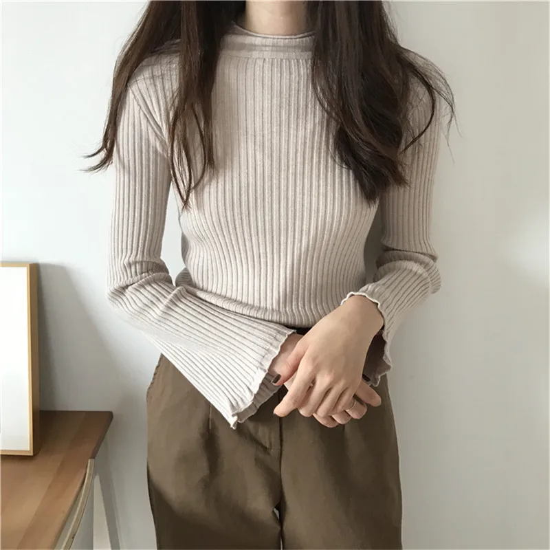 

Autumn and winter chic tops sweater Korean turtleneck collar sweater casual solid pullover flare sleeve sweater female