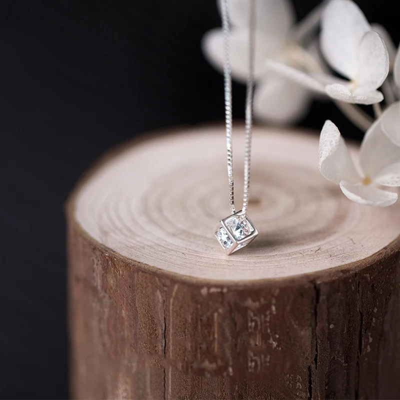 925 Sterling Silver New Arrival Zirconia Water Cube Pendant Necklace For Women Fashion Square Clavicle Wedding Jewelry | Украшения и