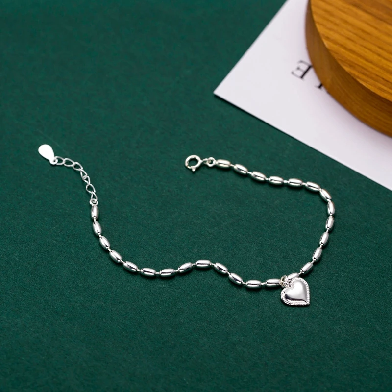 Delicate Rice Bead Bracelet 100% 925 Sterling Silver Cute Heart Pendant Polished Chain Women Teenage Girl 19cm | Украшения и