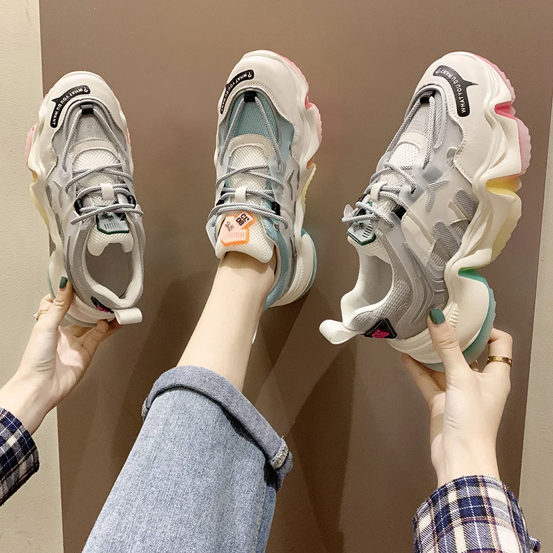 Женские кроссовки радужной расцветки увеличивающие рост Женская дышащая обувь