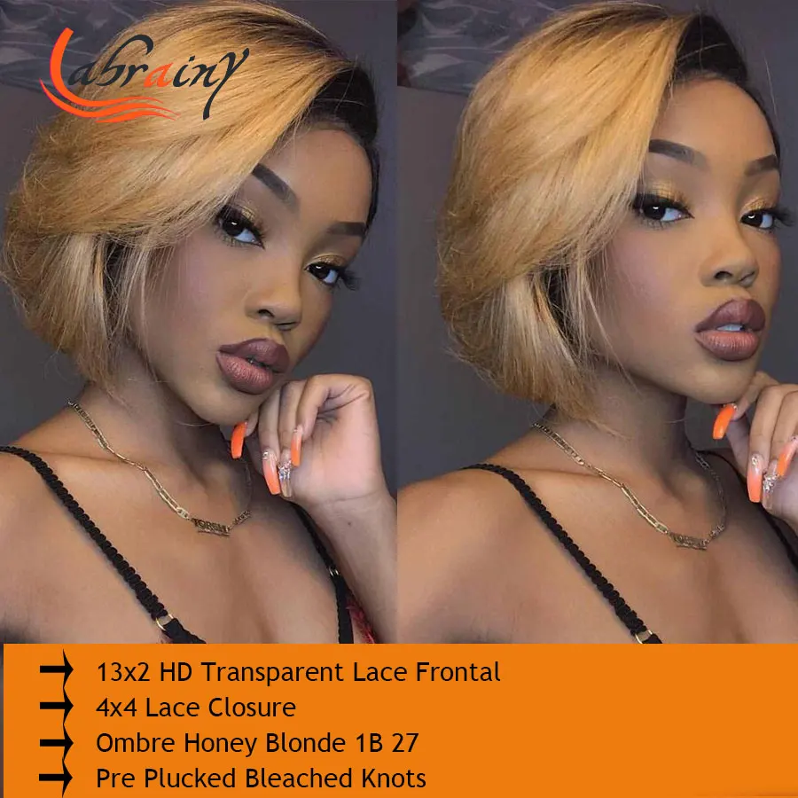 

Body Wave Short Cut Pixie Bob Swiss Transparent Lace Highlight Honey Blonde Frontal Human Hair Wigs Colored Wig Woman 1B27 13X2