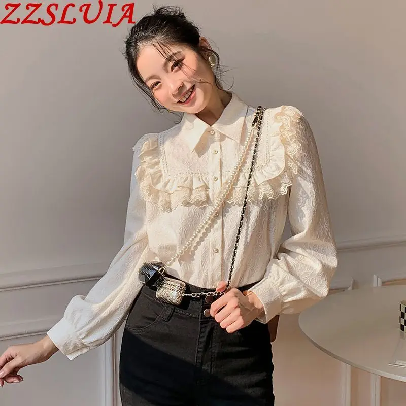 

Elegant Blouses For Women Turn Down Collar Long Sleeve Lace Designer Fashion Ladies Shirts Temperament Female Clothing Tops