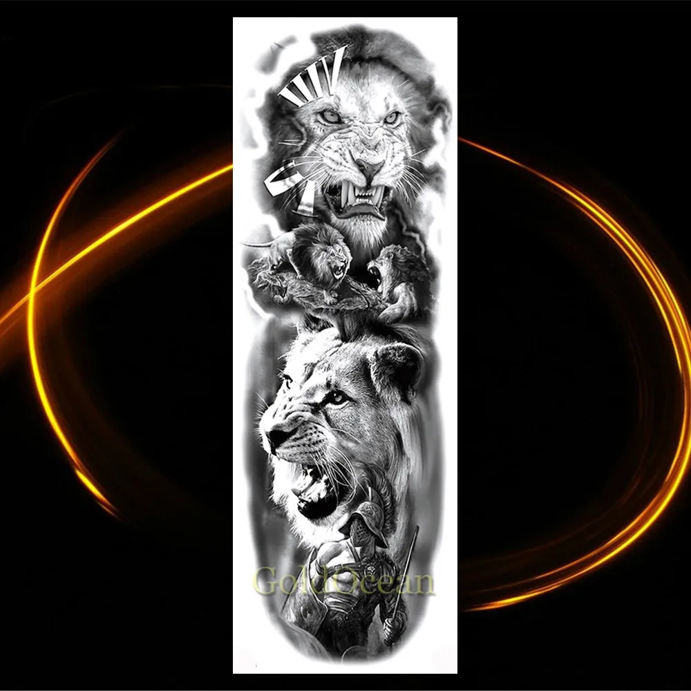 

Long Size Totem Mechanic Full Arm Temporary Tattoos Sticker For Men Women Black Fake 3D Eyes Lion Tiger Wolf Sleeve Tatoos Paper