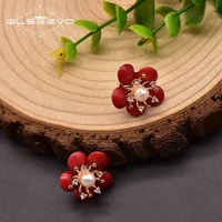glseevo natural freshwater pearl stud earrings for women handmade flower style natural red stone vintage jewelry ge1026