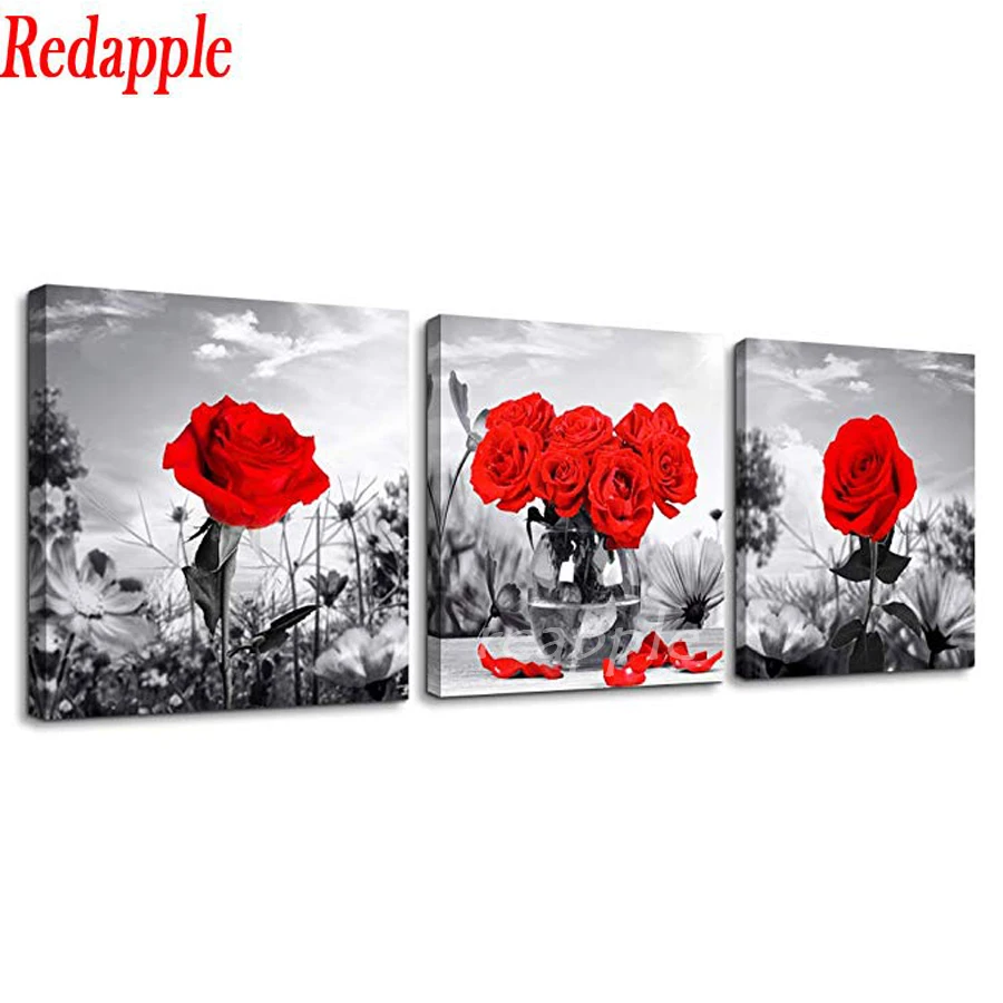 5d 3 шт. декоративная алмазная живопись черная белая красная роза пейзаж