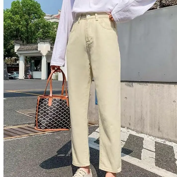 

New spring and summer high waist off white daddy wide leg straight jeans women's loose Korean student Capris