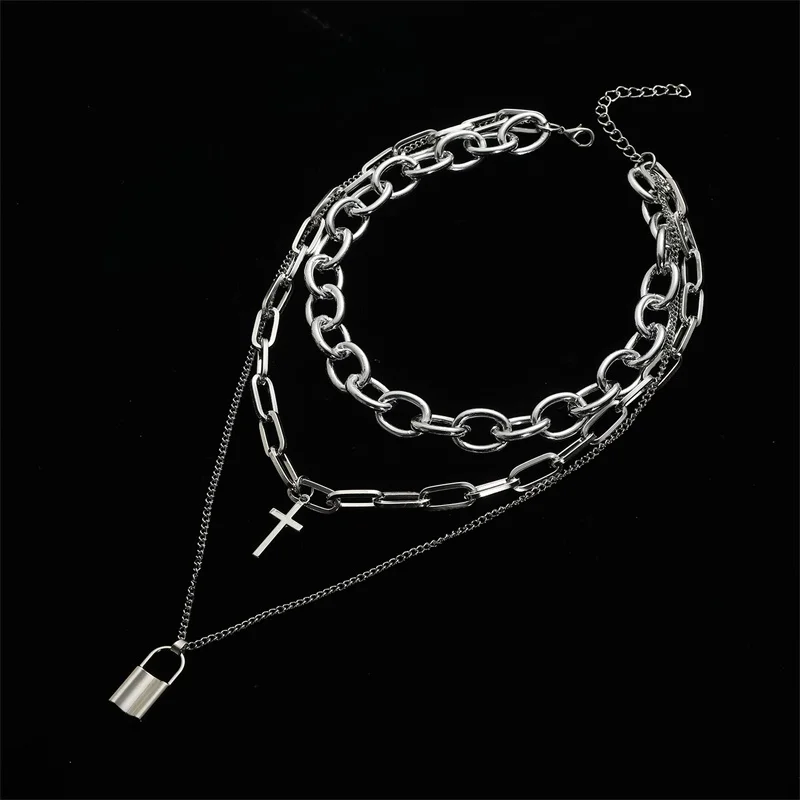 Vintage Punk Chain Necklace with Layered Grunge Aesthetic & Cross Pendant for Women and Men - Lock Choker Chains Goth Accessory image 2